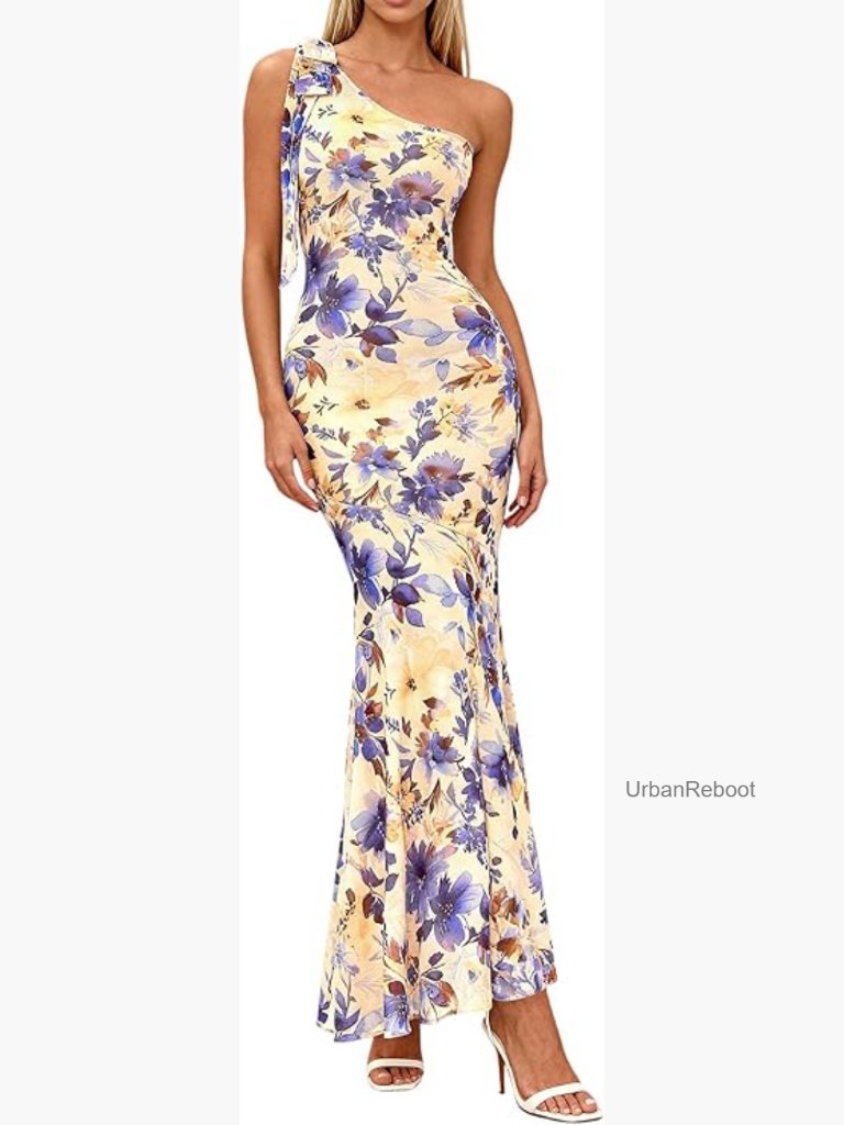 Floral One Shoulder Maxi Dress Mesh Bodycon Knit Slim Fit W